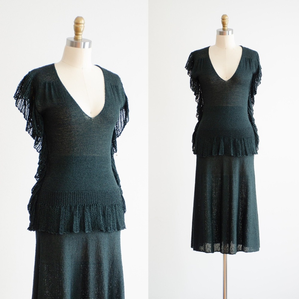 70s 80s‎ vtg dark green ruffled sleeveless sweater skirt 2 piece set